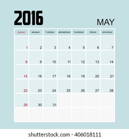 Template of calendar for MAY 2016.