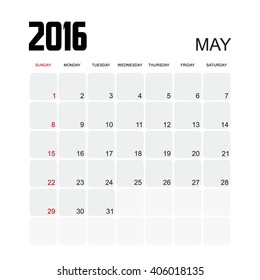 Template of calendar for MAY 2016.