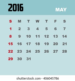 Template of calendar for MAY 2016.