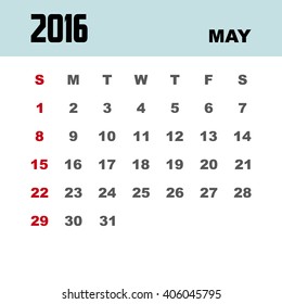 Template of calendar for MAY 2016.