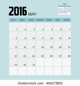 Template of calendar for MAY 2016.