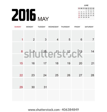 Template of calendar for MAY 2016.