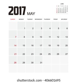 Template of calendar for MAY 2017.