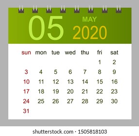 Template of calendar for May 2020. Week starts Sunday. Vector illustration.
