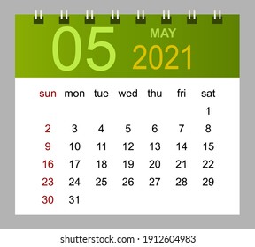 Template of calendar for May 2021. Week starts Sunday. Isolated vector illustration.