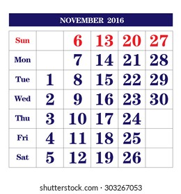 Template of calendar for November 2016
