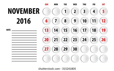 Template of calendar for November 2016