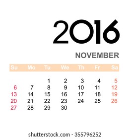 Template of calendar for NOVEMBER 2016  