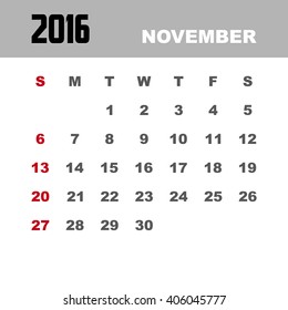 Template of calendar for NOVEMBER 2016.