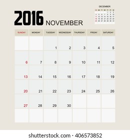Template of calendar for NOVEMBER 2016.
