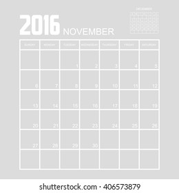 Template of calendar for NOVEMBER 2016.