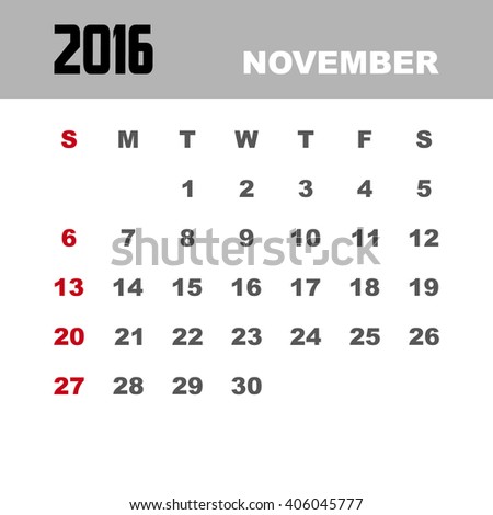 Template of calendar for NOVEMBER 2016.