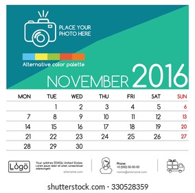 Template of calendar for November 2016. Week Starts Monday. Simple Vector Template