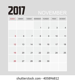 Template of calendar for NOVEMBER 2017.