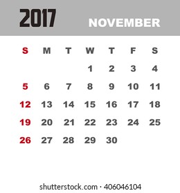 Template of calendar for NOVEMBER 2017.
