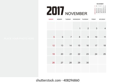 Template of calendar for NOVEMBER 2017.