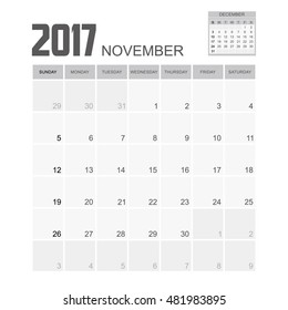 Template of calendar for NOVEMBER 2017.