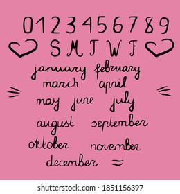 Template for the calendar. Numbers from zero to nine, first letters of days of the week, names of months. Isolated symbols for editing