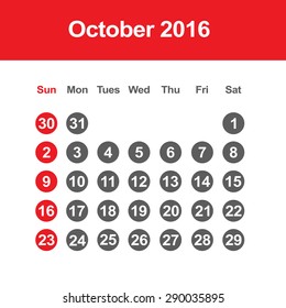 Template of calendar for October 2016
