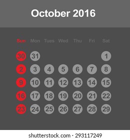 Template of calendar for October 2016
