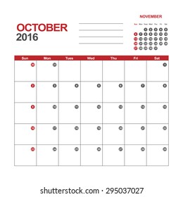 Template of calendar for October 2016
