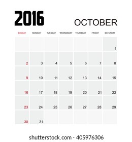 Template of calendar for OCTOBER 2016.
