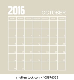 Template of calendar for OCTOBER 2016.