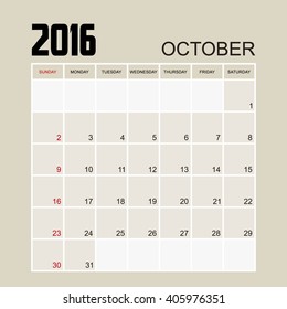 Template of calendar for OCTOBER 2016.