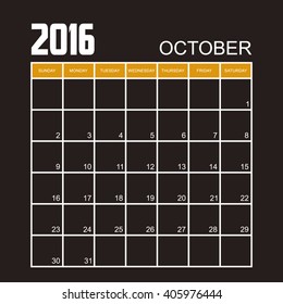 Template of calendar for OCTOBER 2016.