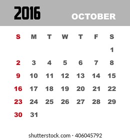 Template of calendar for OCTOBER 2016.