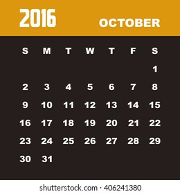 Template of calendar for OCTOBER 2016.