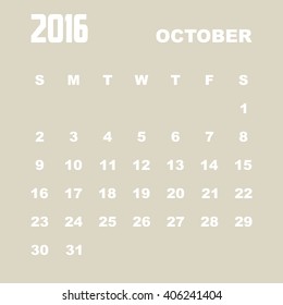Template of calendar for OCTOBER 2016.