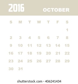 Template of calendar for OCTOBER 2016.