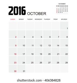 Template of calendar for OCTOBER 2016.