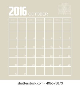 Template of calendar for OCTOBER 2016.