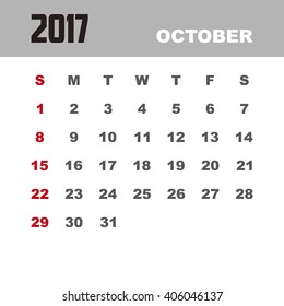 Template of calendar for OCTOBER 2017.