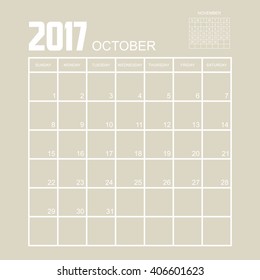 Template of calendar for OCTOBER 2017.