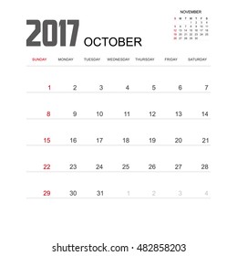 Template of calendar for OCTOBER 2017.
