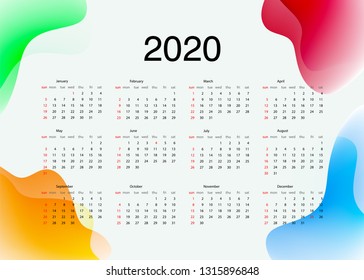 Template Calendar on 2020 year. Calendar design for 2019. Simple blue, green, red and orange background. Eps10