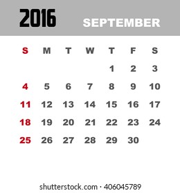 Template of calendar for SEPTEMBER 2016.