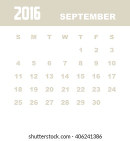 Template of calendar for SEPTEMBER 2016.