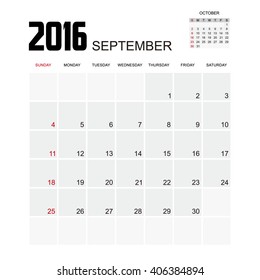 Template of calendar for SEPTEMBER 2016.