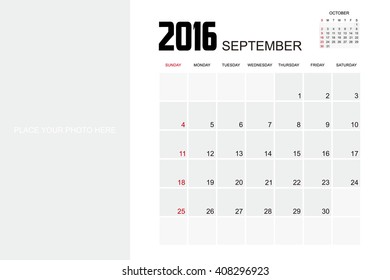 Template of calendar for SEPTEMBER 2016.