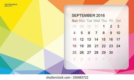 Template of calendar for "September 2016" with modern 3D geometric colorful background. Vector illustration.