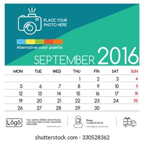 Template of calendar for September 2016. Week Starts Monday. Simple Vector Template