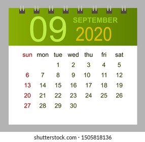 Template of calendar for September 2020. Week starts Sunday. Vector illustration.
