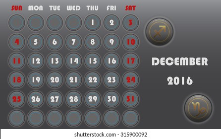 Template of calendar with sing of zodiac of month for 2016