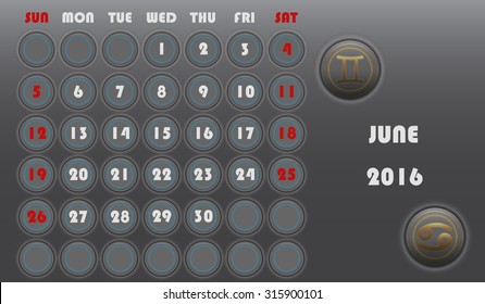 Template of calendar with sing of zodiac of month for 2016