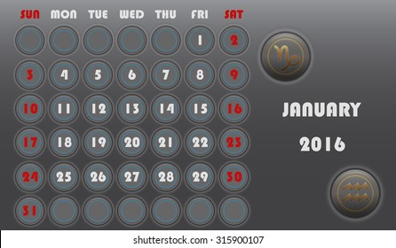 Template of calendar with sing of zodiac of month for 2016