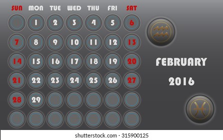 Template of calendar with sing of zodiac of month for 2016